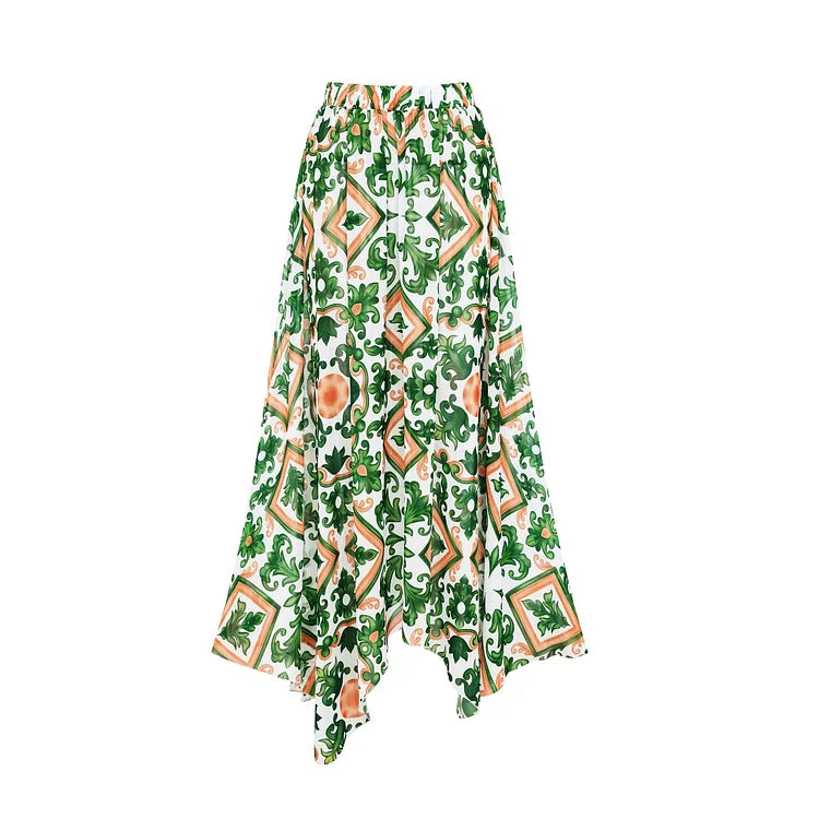 Mesh Halter Straps Printed One Piece Swimsuit and Skirt