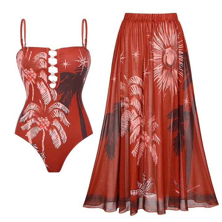 Beaded Tropical Printed One Piece Swimsuit and Skirt