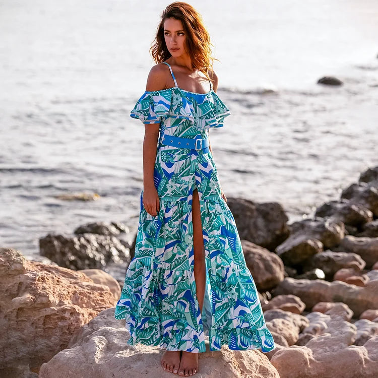 Off Shoulder Ruffled Printed One Piece Swimsuit and Skirt