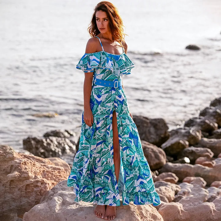 Off Shoulder Ruffled Printed One Piece Swimsuit and Skirt