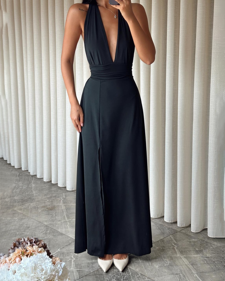 Pure Color Elegant Deep-V Maxi Dress - Black