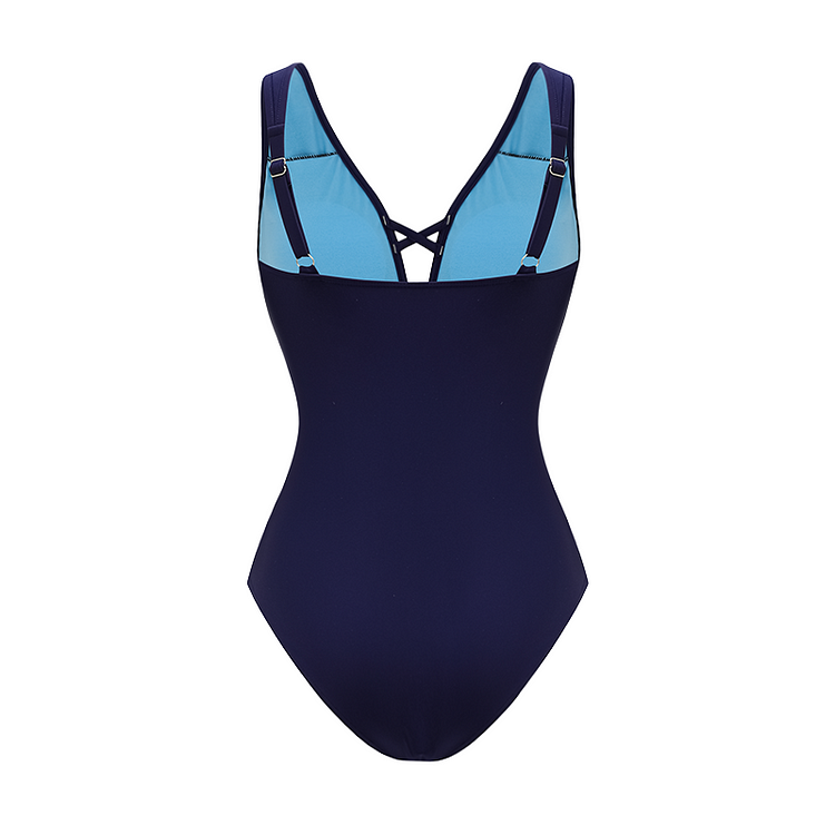 Blue Hollow Out One Piece Swimsuit and Skirt