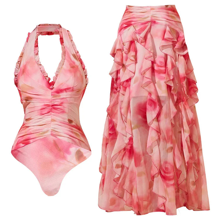 Pink Flower-dyed Halter Neck One Piece Swimsuit and Skirt