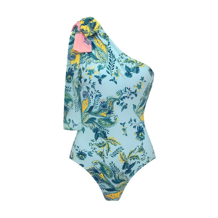 Color-Blocked Blue And White Cloud Print One-Piece Swimsuit&Long Skirt