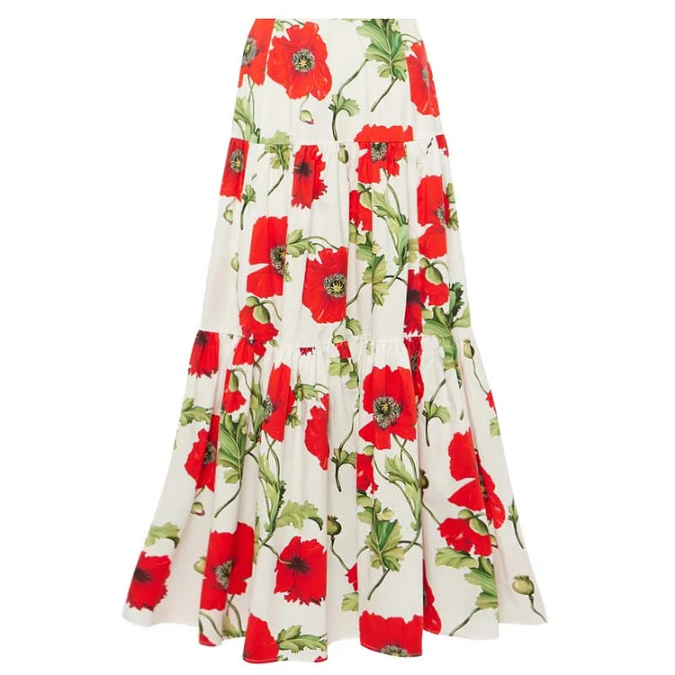 Poppy Flower Printed One Piece Swimsuit and Skirt