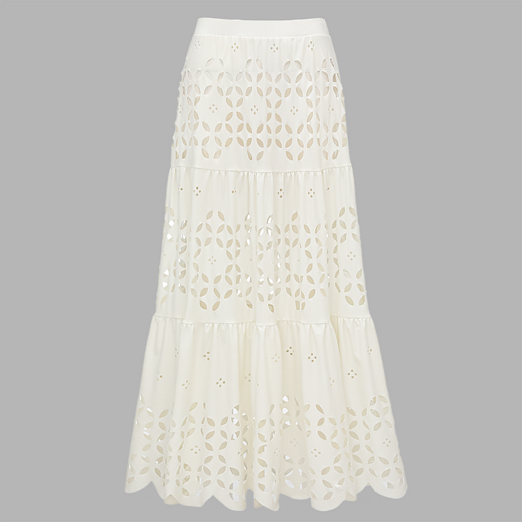 White Hollowing Design Ruffled Sleeves Bikini Swimsuit and Skirt