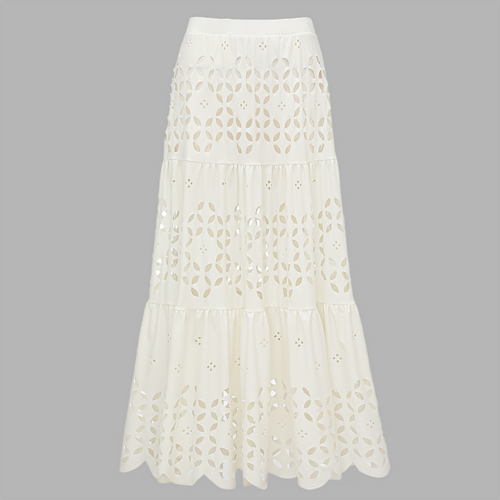 White Hollowing Design Ruffled Sleeves Bikini Swimsuit and Skirt
