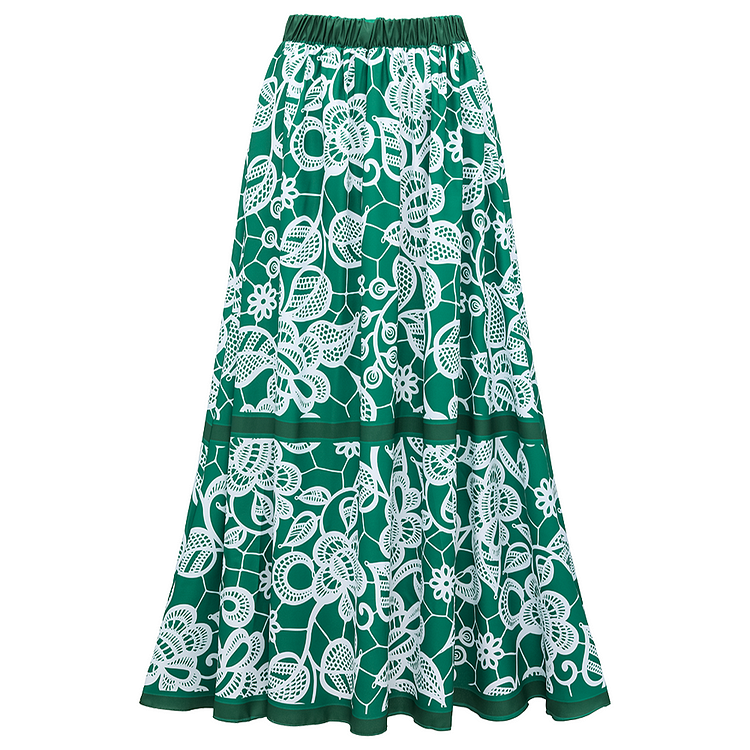 Green Lace Printed One Piece Swimsuit and Skirt