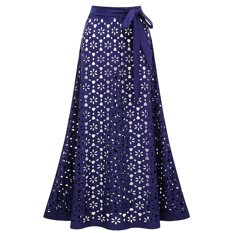 Blue Hollow Out One Piece Swimsuit and Skirt
