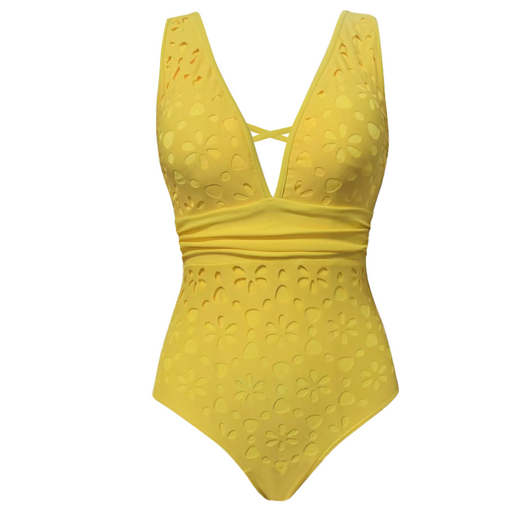 Yellow Color Laser Cutting Flower Hollow One Piece Swimsuit and Skirt
