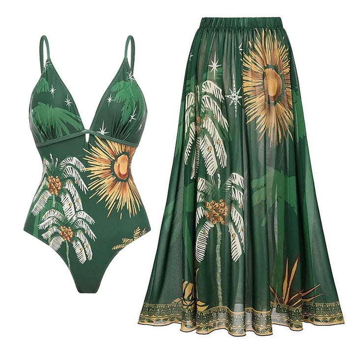 Tropical Green Printed One Piece Swimsuit and Skirt