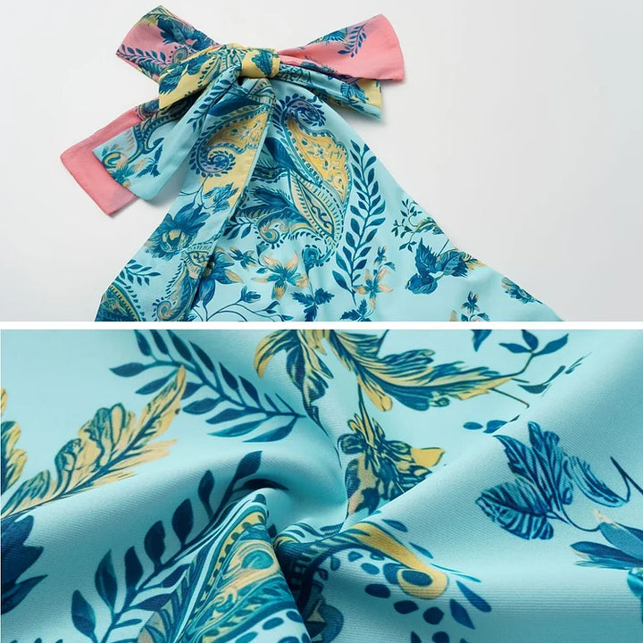 Color-Blocked Blue And White Cloud Print One-Piece Swimsuit&Long Skirt