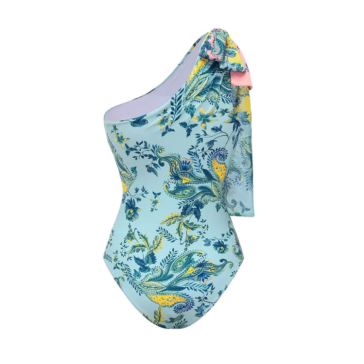 Color-Blocked Blue And White Cloud Print One-Piece Swimsuit&Long Skirt