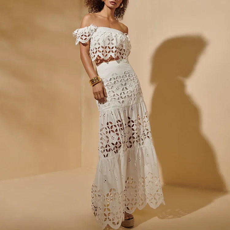 White Hollowing Design Ruffled Sleeves Bikini Swimsuit and Skirt