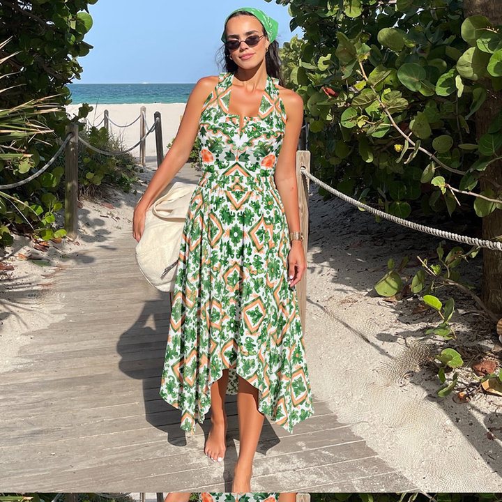 Mesh Halter Straps Printed One Piece Swimsuit and Skirt