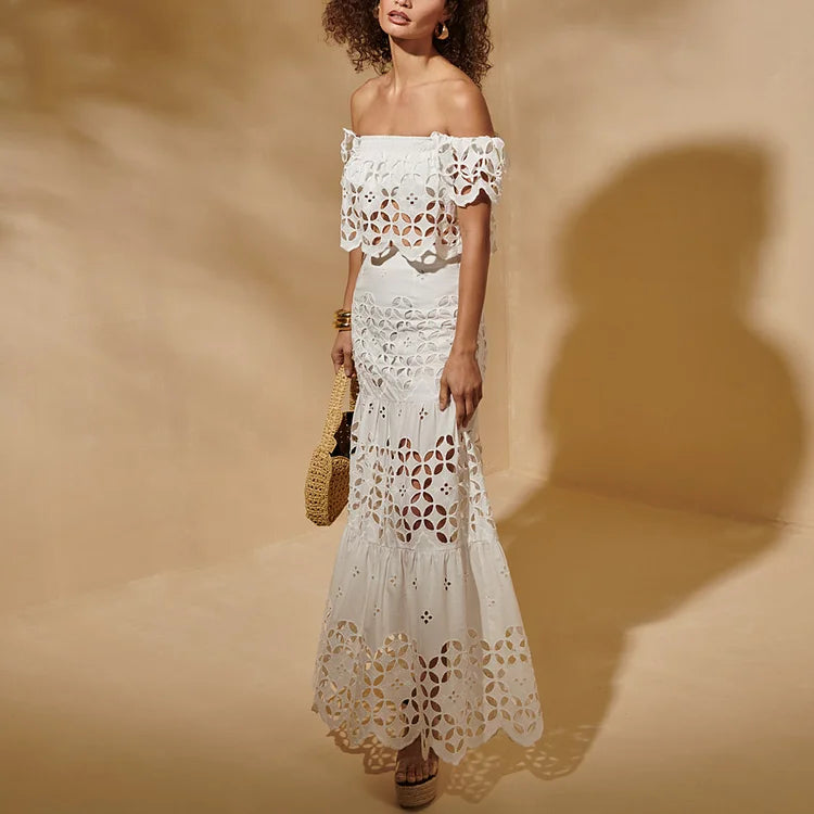 White Hollowing Design Ruffled Sleeves Bikini Swimsuit and Skirt