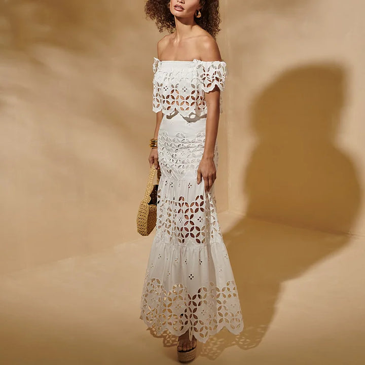 White Hollowing Design Ruffled Sleeves Bikini Swimsuit and Skirt