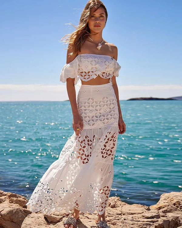 White Hollowing Design Ruffled Sleeves Bikini Swimsuit and Skirt