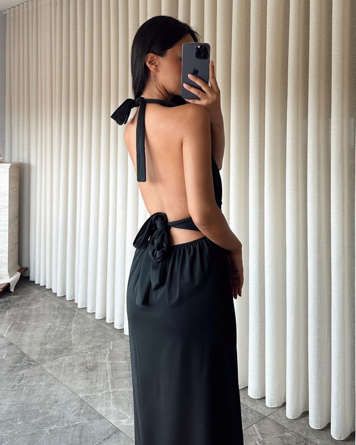 Pure Color Elegant Deep-V Maxi Dress - Black