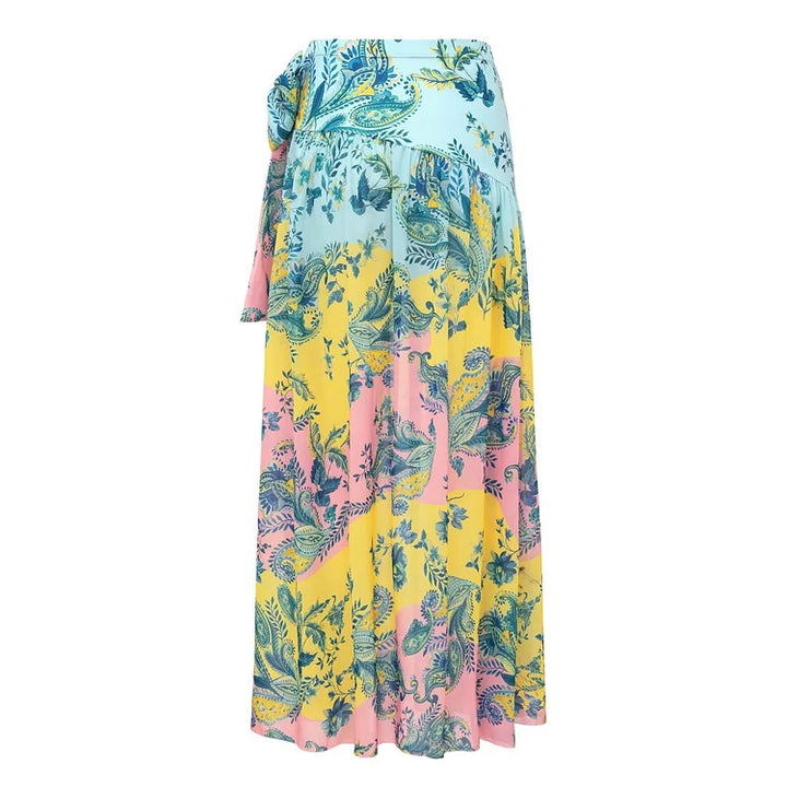 Color-Blocked Blue And White Cloud Print One-Piece Swimsuit&Long Skirt