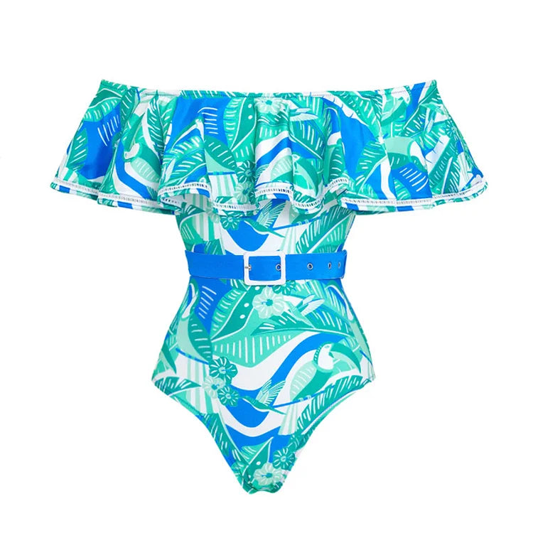 Off Shoulder Ruffled Printed One Piece Swimsuit and Skirt