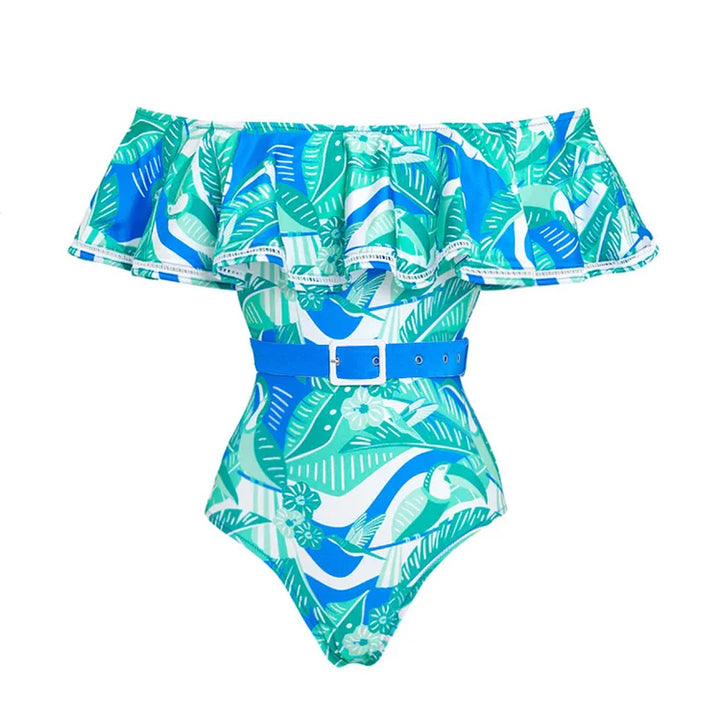 Off Shoulder Ruffled Printed One Piece Swimsuit and Skirt