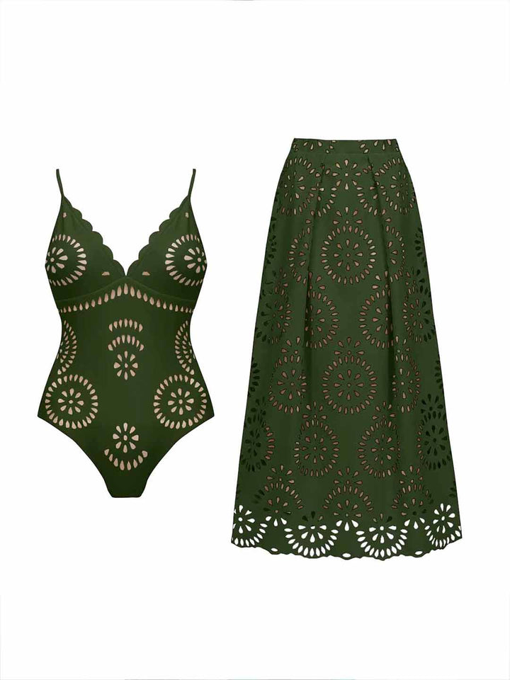 Army Green Cut-Out Floral Print One-Piece Swimsuit&Long Skirt