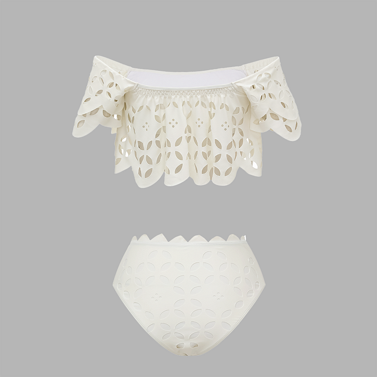 White Hollowing Design Ruffled Sleeves Bikini Swimsuit and Skirt