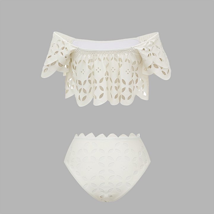 White Hollowing Design Ruffled Sleeves Bikini Swimsuit and Skirt