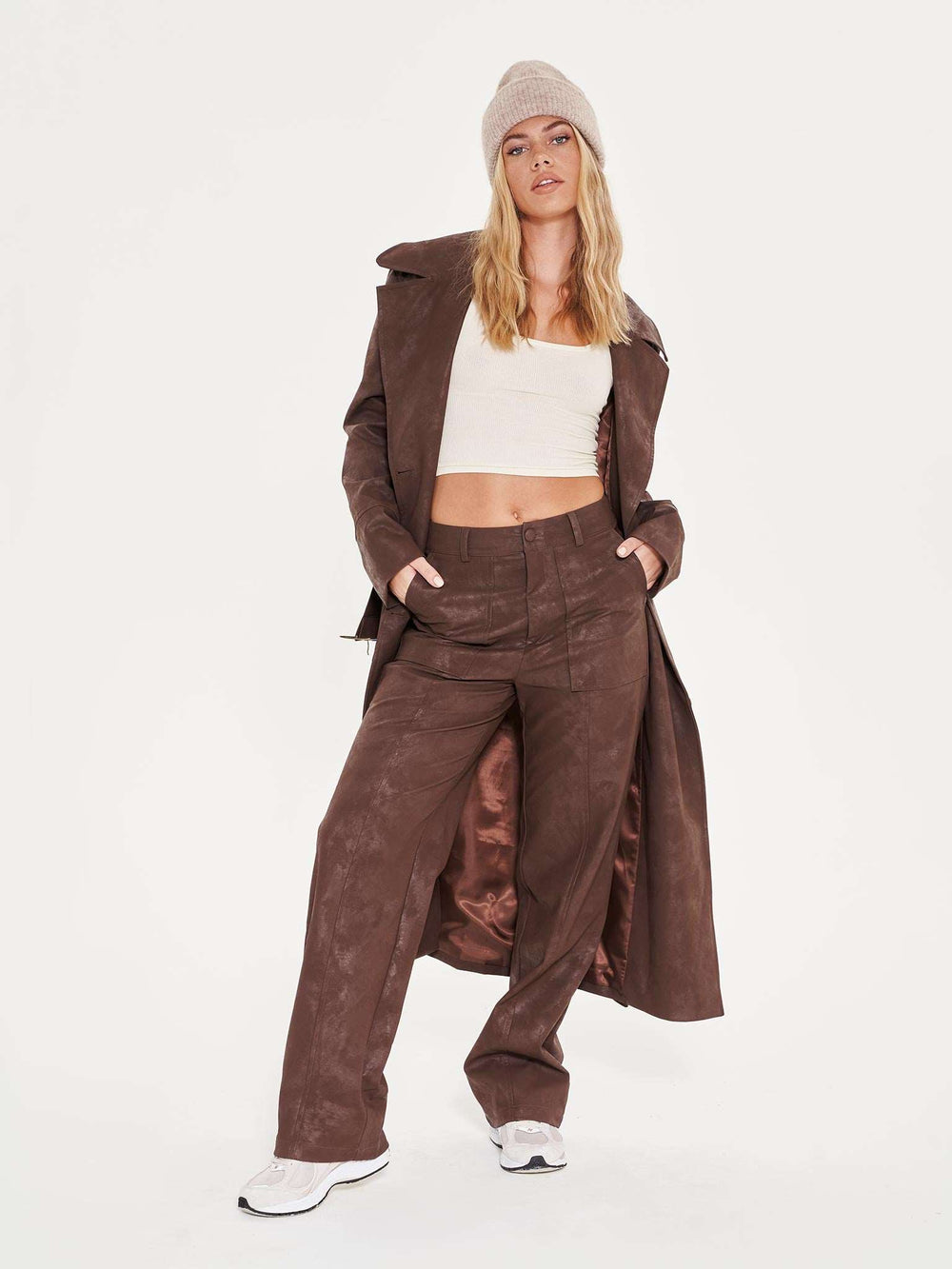 Faux Leather Brown Wide Leg Trousers - Brown