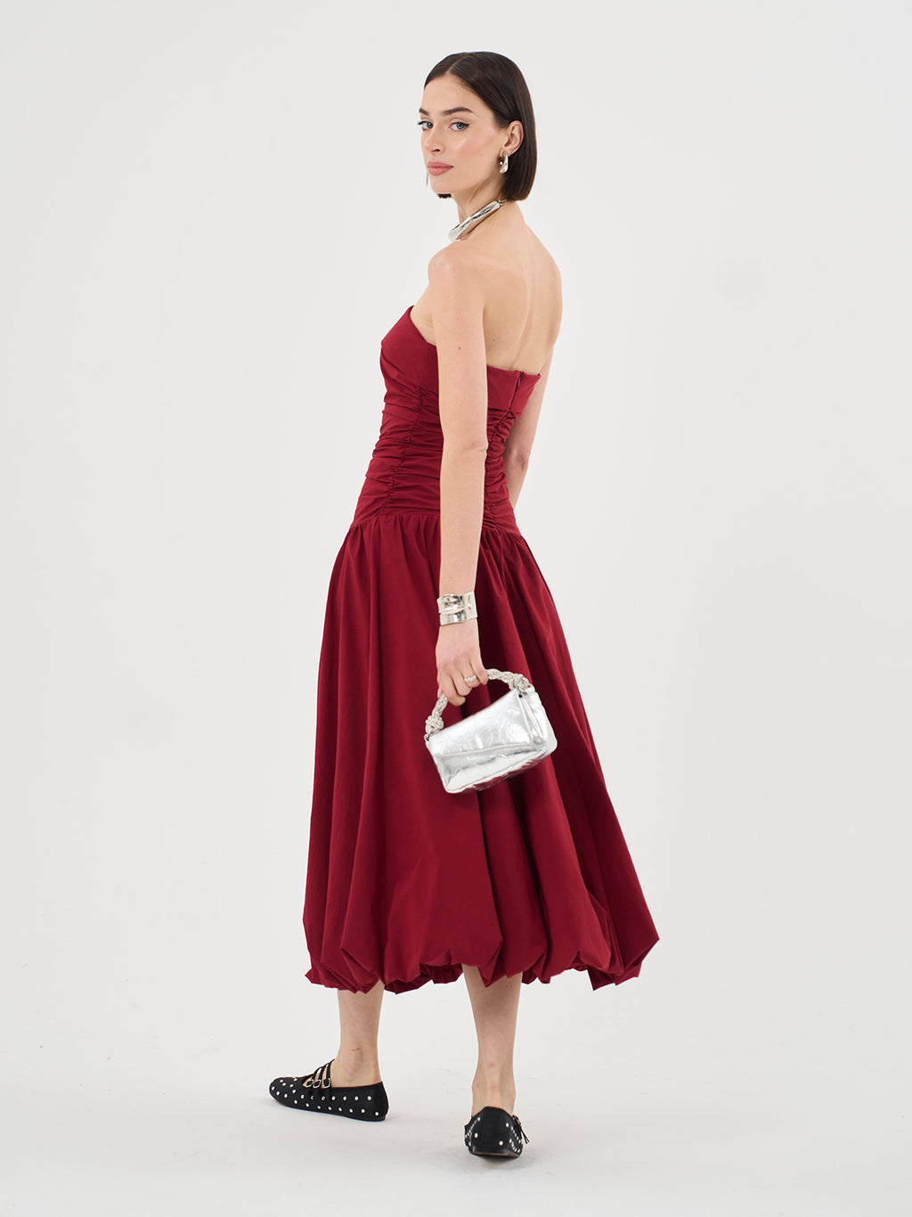 Bandeau Puffball Hem Red Midi Dress