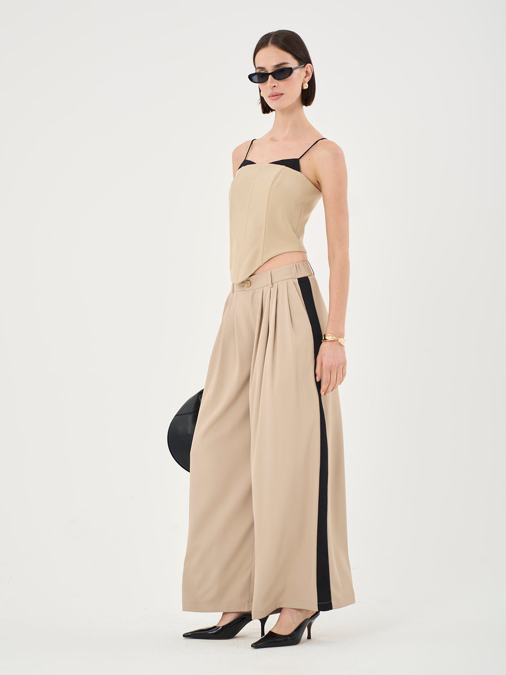 High Waist Pleated Palazzo Pants In Stone & Black - Part Of A Set