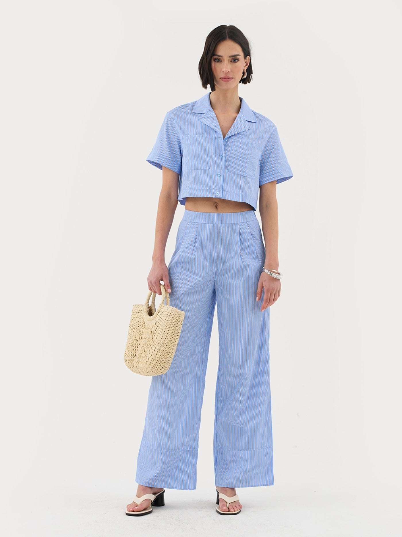 Wide Leg Pants In Blue Stripe Co-ord