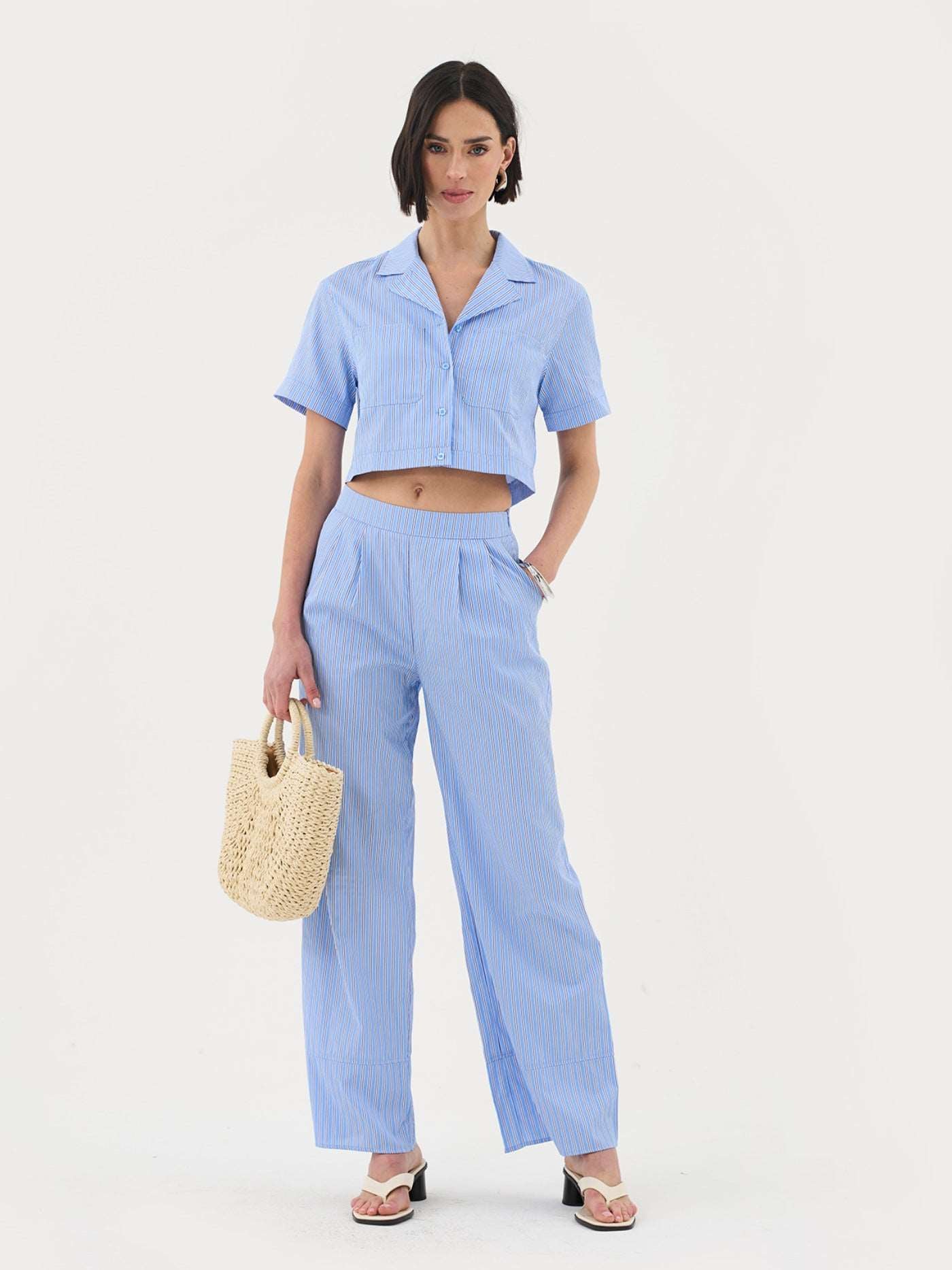 トップス OHOTORO Crop String Shirt Blue Short Sleeve Cropped Shirt In Blue Stripe Co-ord – Extro&Vert