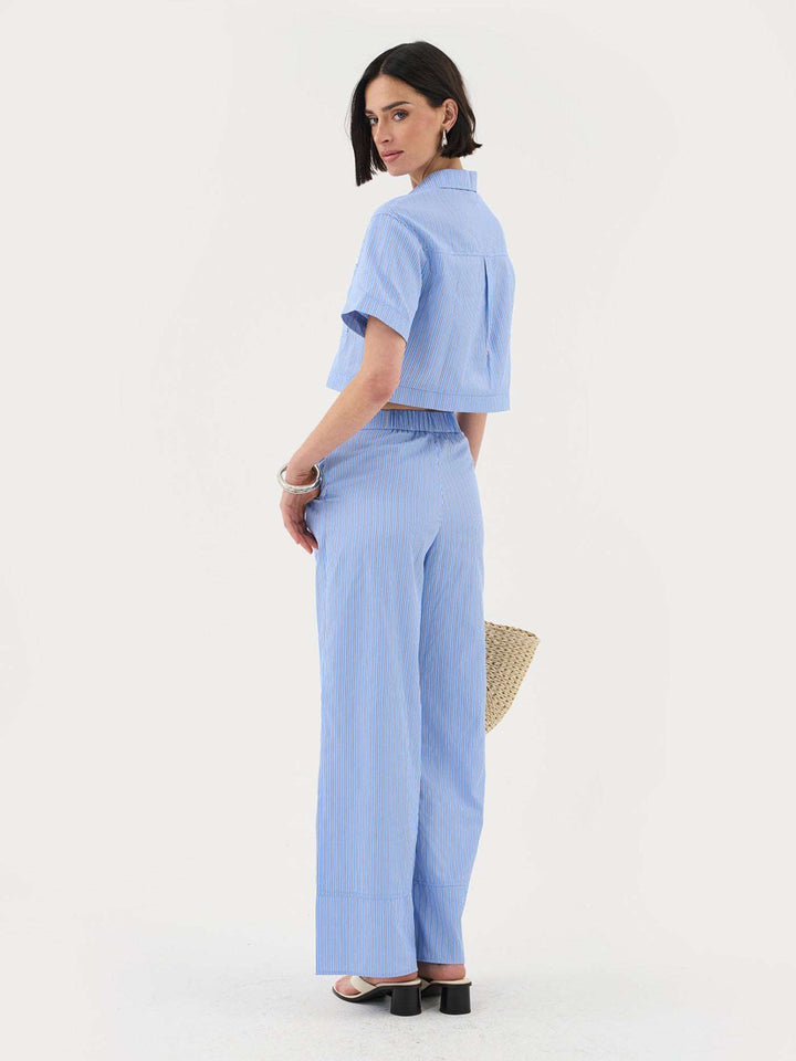 Short Sleeve Cropped Shirt In Blue Stripe Co-ord