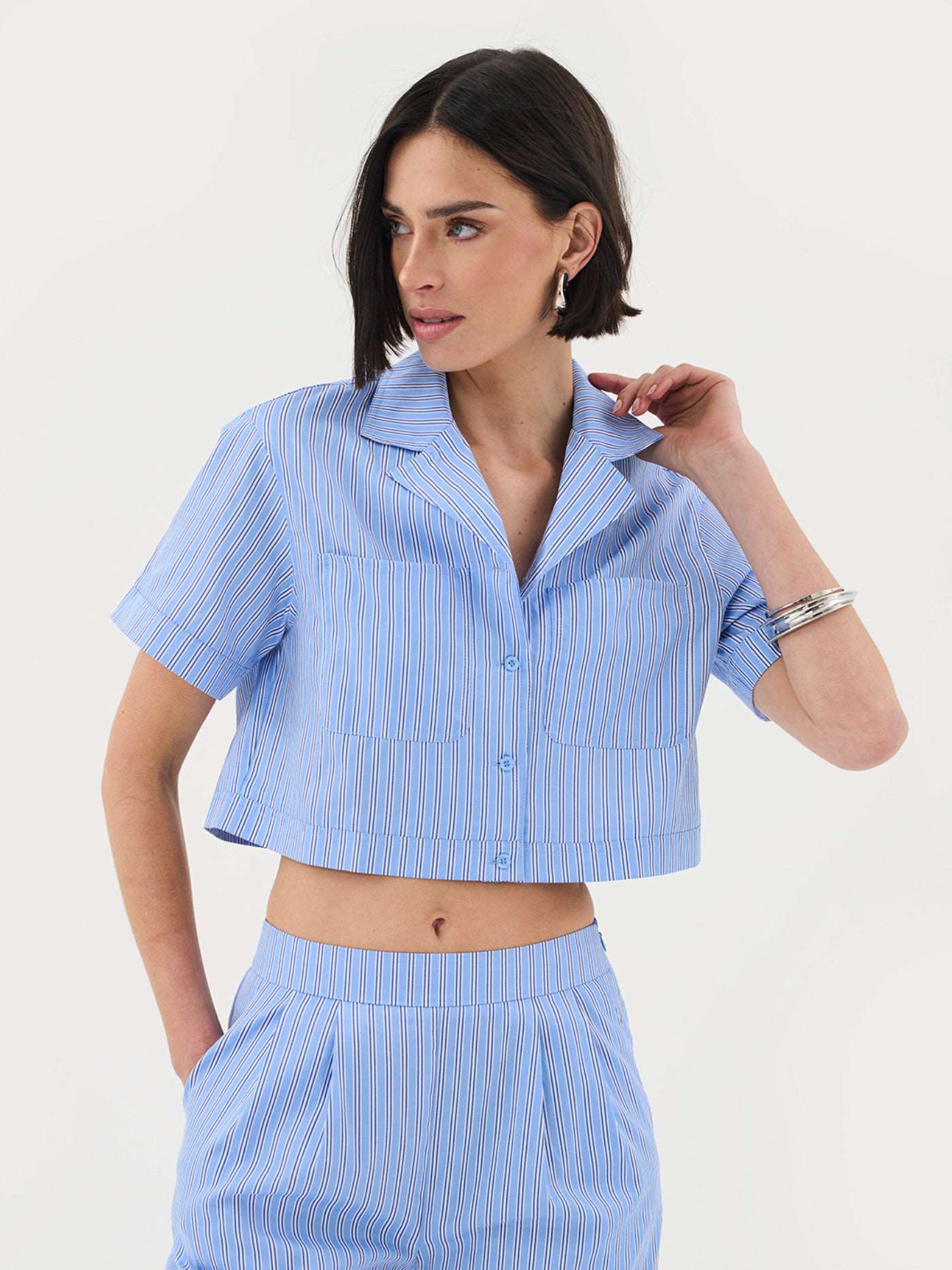Short Sleeve Cropped Shirt In Blue Stripe Co-ord