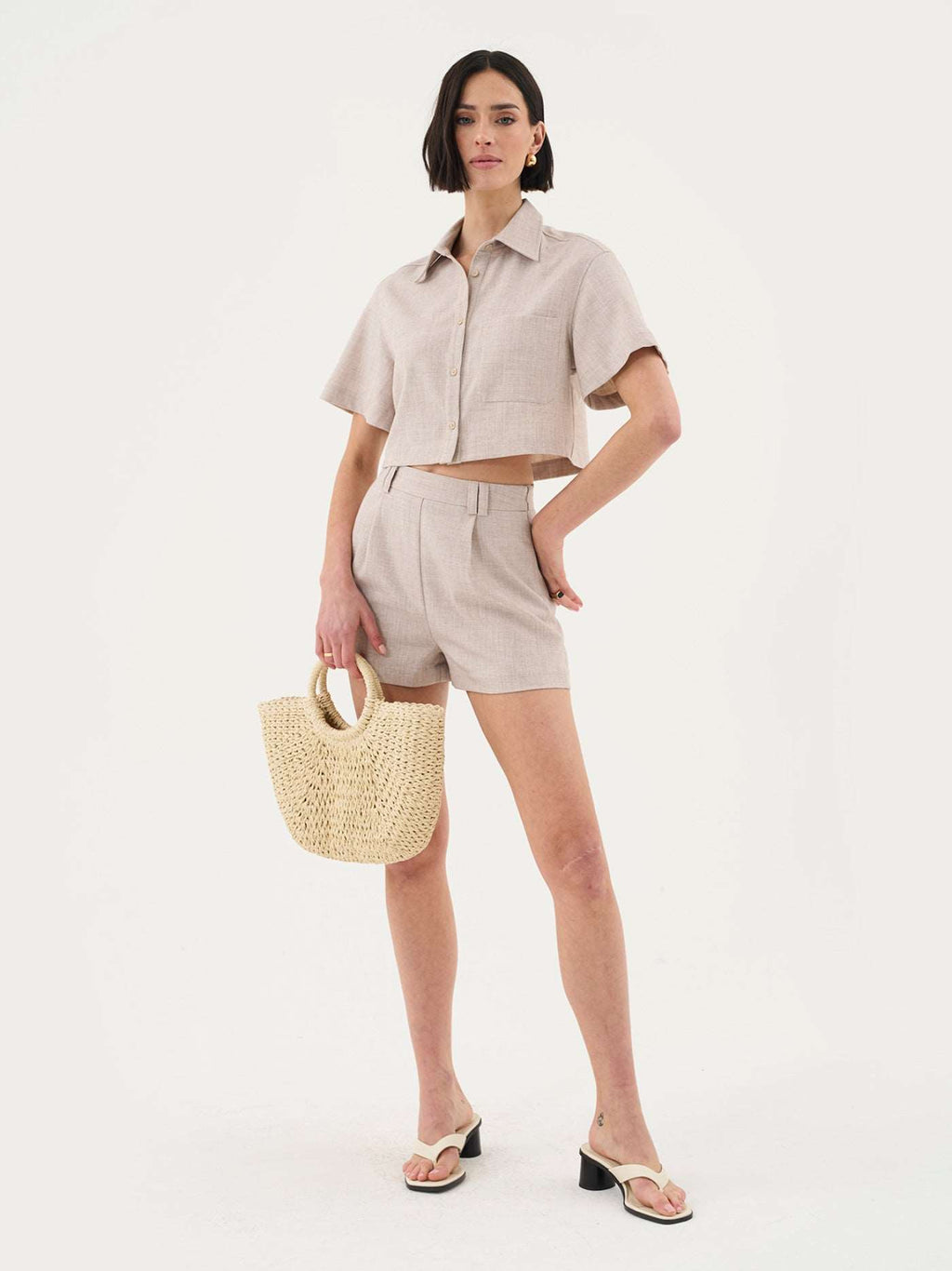 Cropped Shirt Co-ord in Sand
