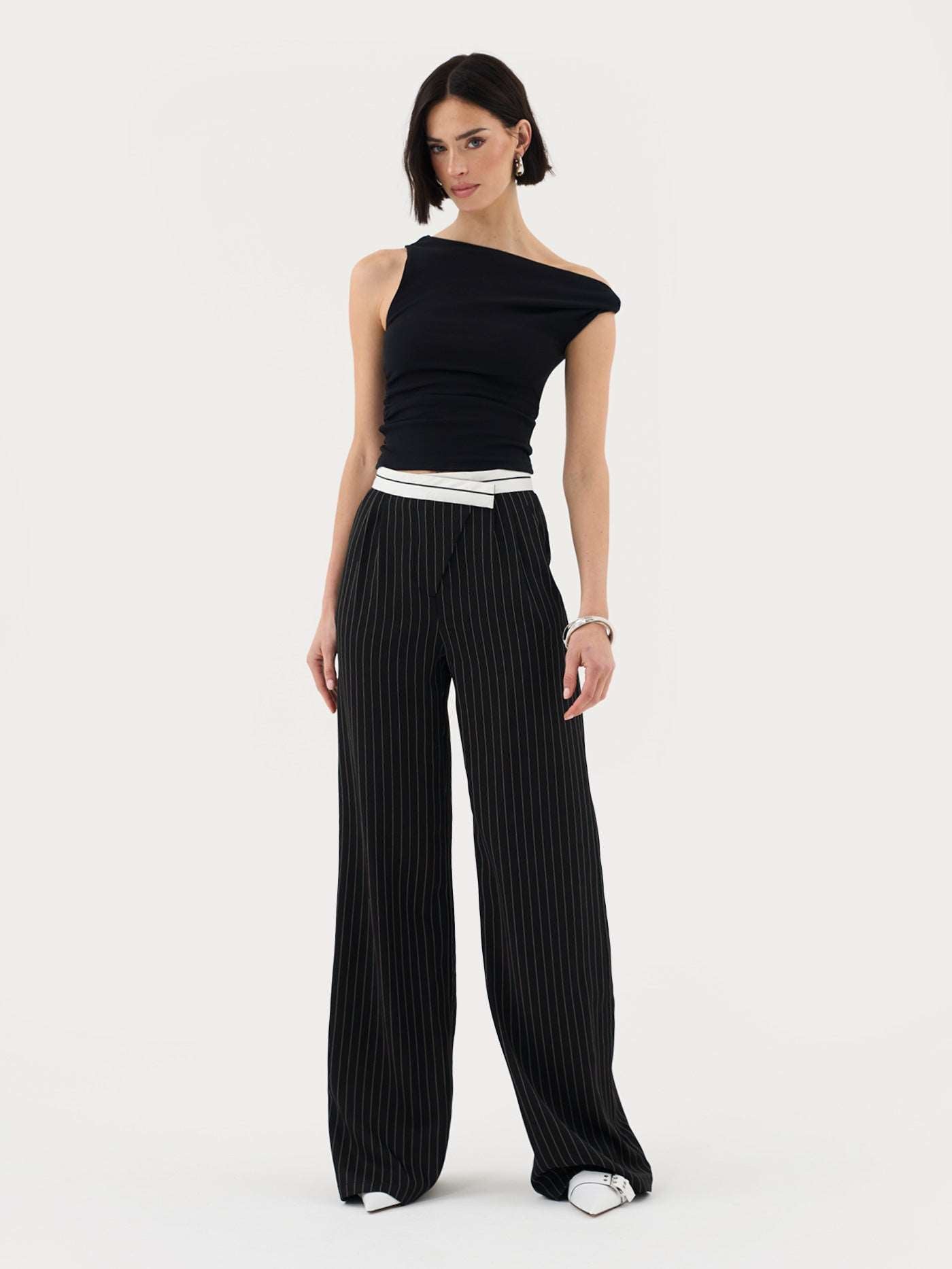 Tailored Pinstripe Trouser with Asymmetric Waistband in