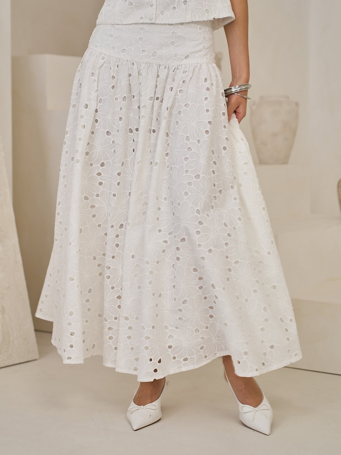 DROPPED WAIST BRODERIE MAXI SKIRT