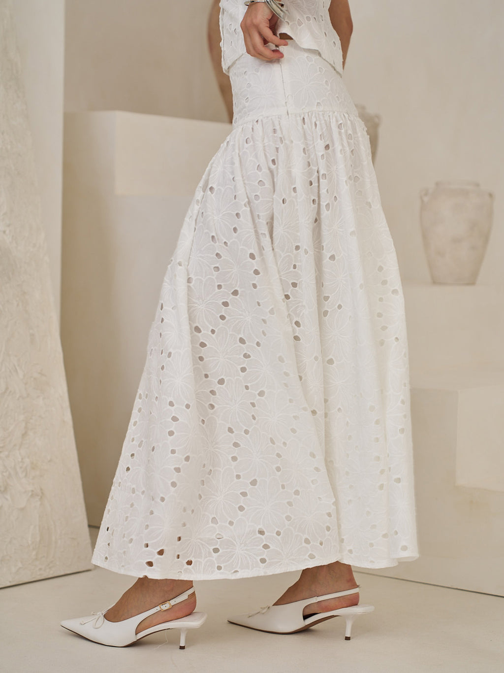 DROPPED WAIST BRODERIE MAXI SKIRT