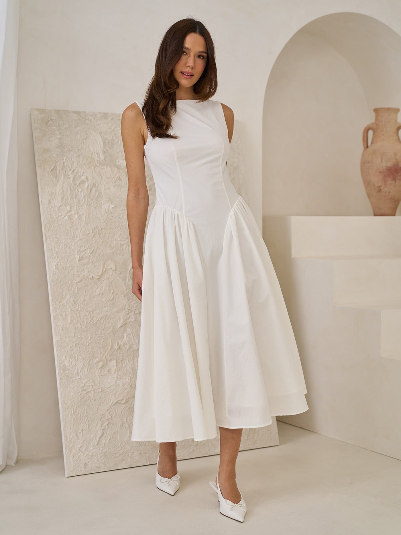 BOAT NECK White MIDI DRESS