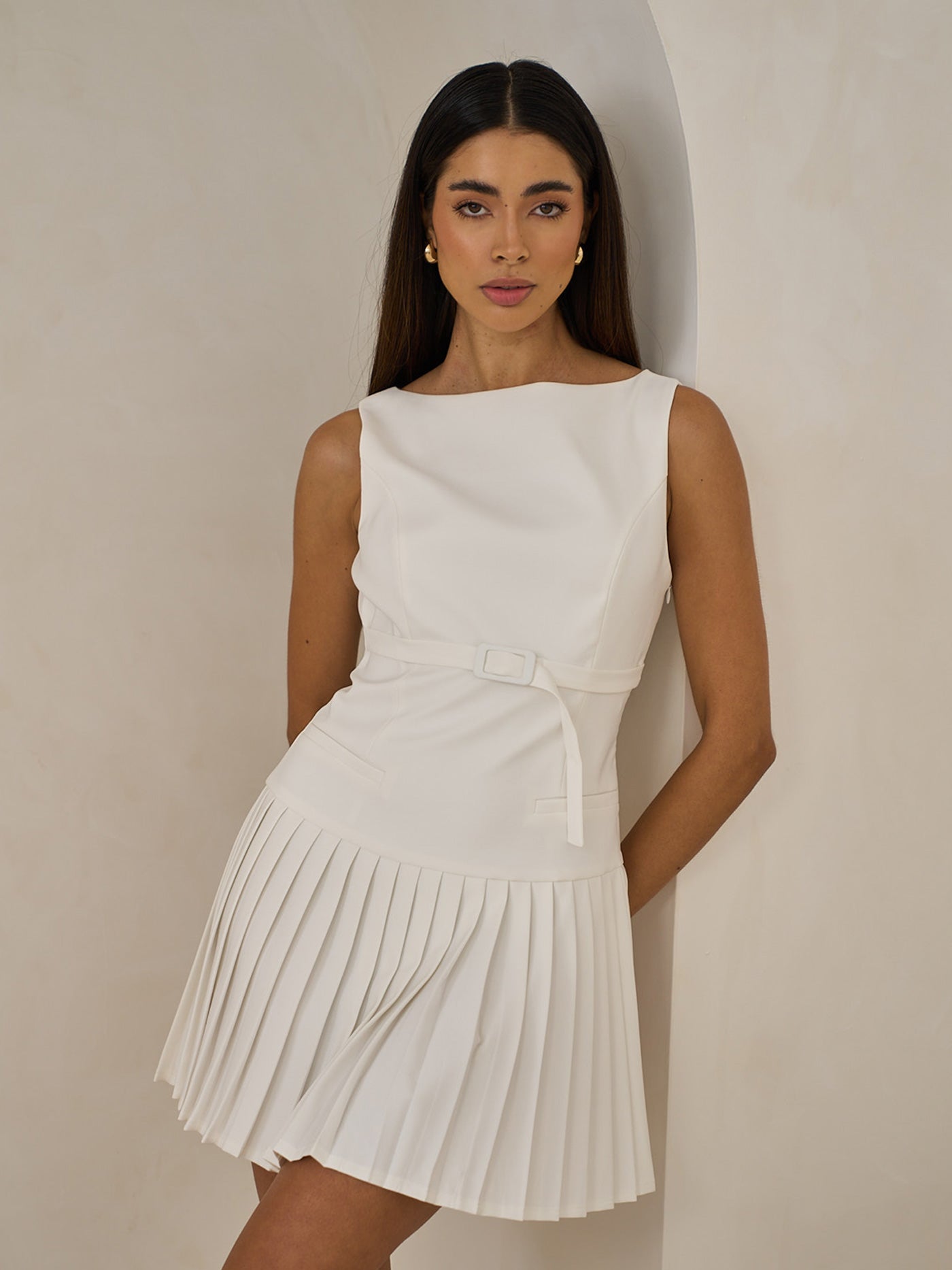 BELTED DETAIL PLEATED MINI DRESS