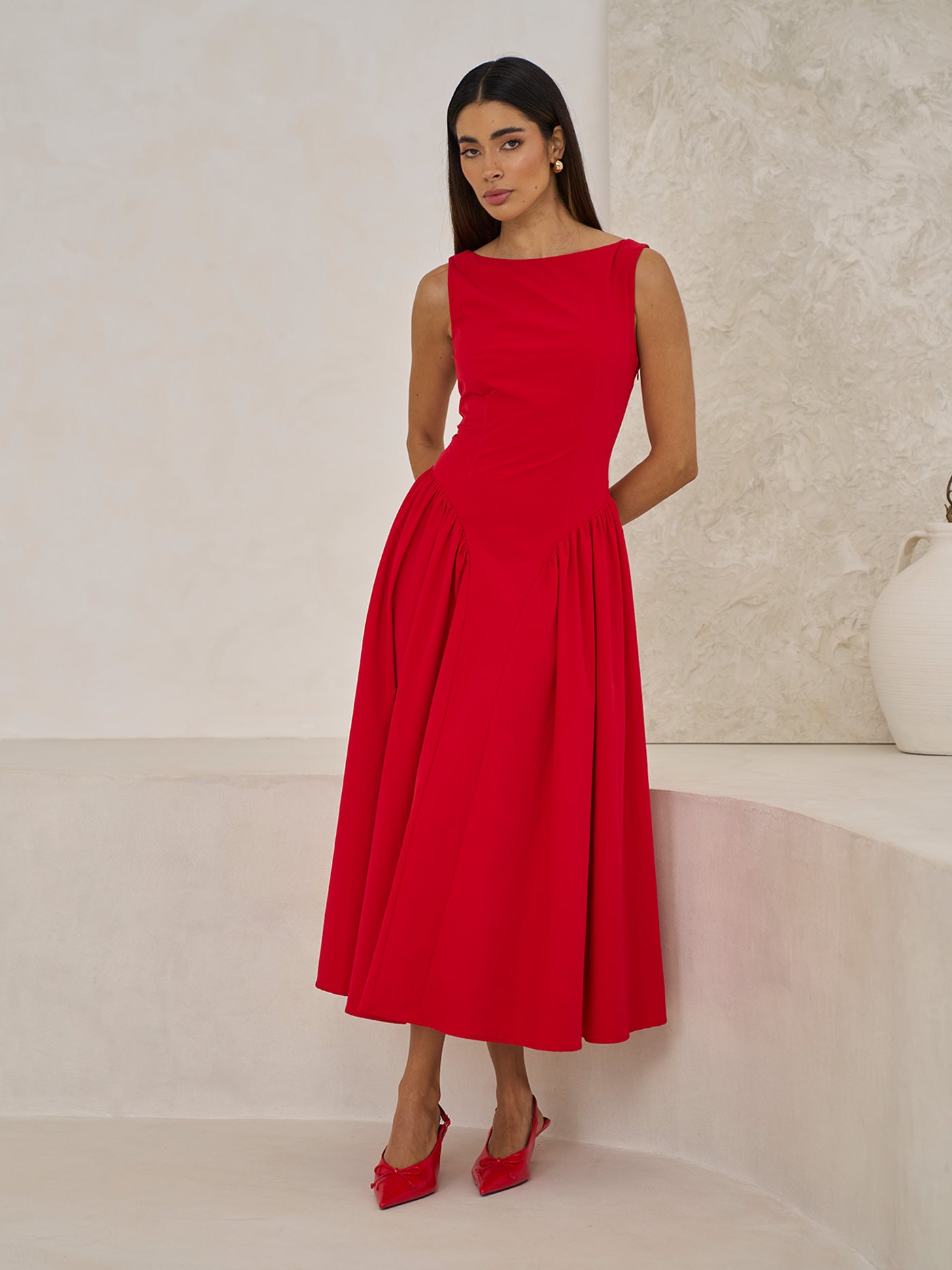 BOAT NECK Red MIDI DRESS