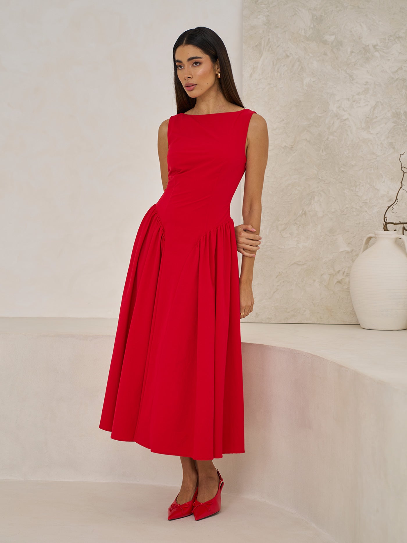 BOAT NECK Red MIDI DRESS