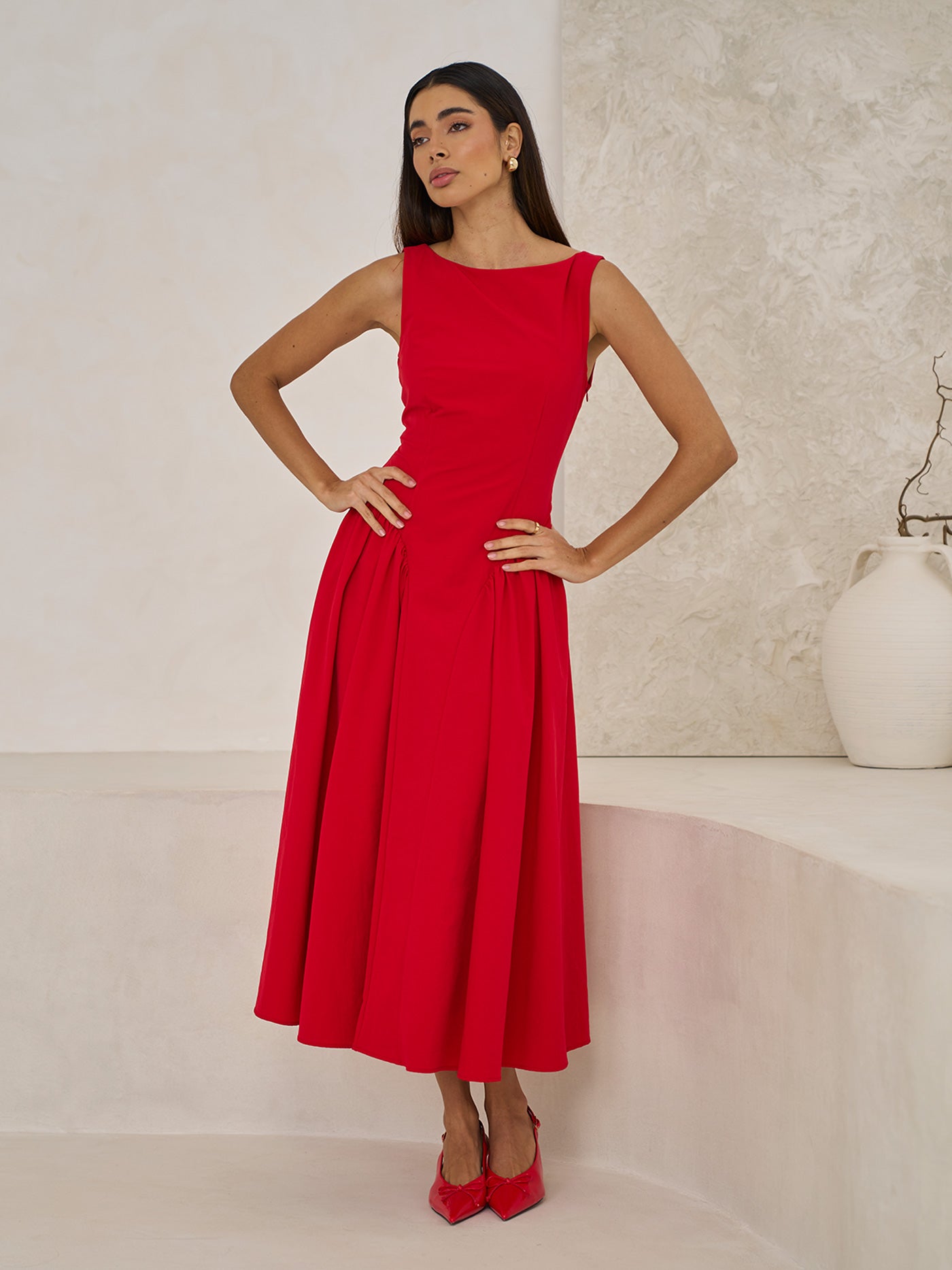 BOAT NECK Red MIDI DRESS