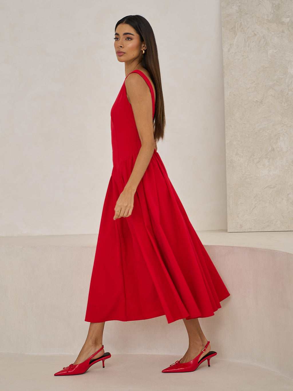BOAT NECK Red MIDI DRESS