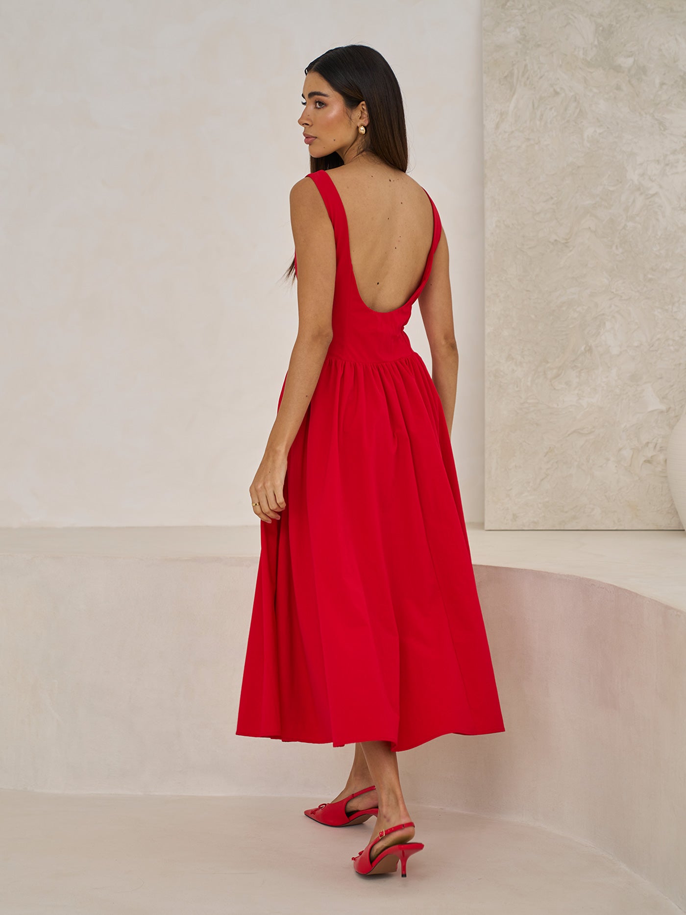 BOAT NECK Red MIDI DRESS
