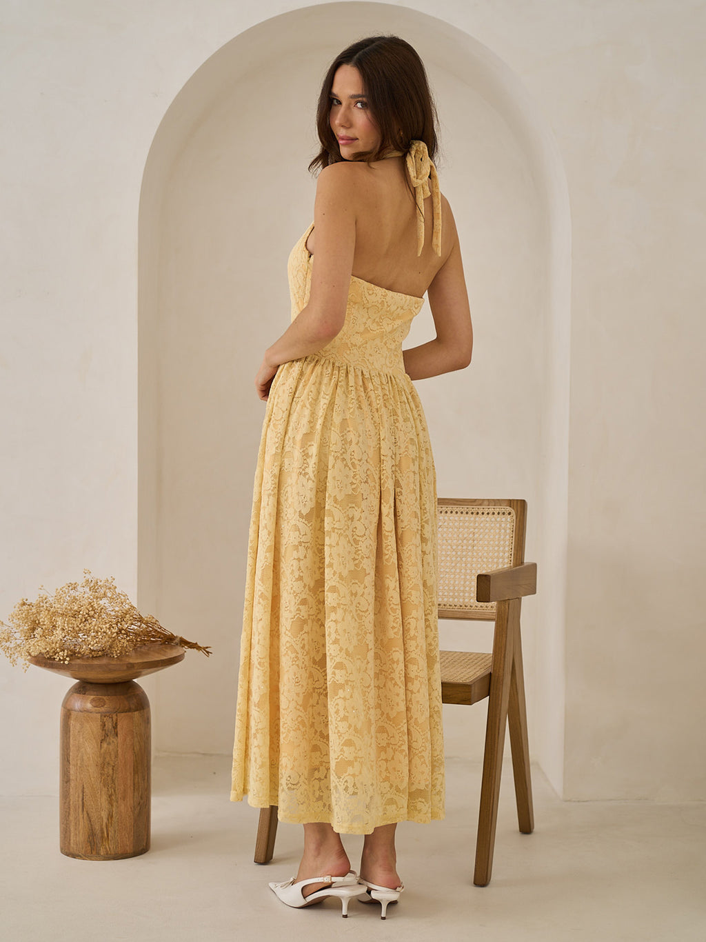 LACE HALTERNECK MID DRESS