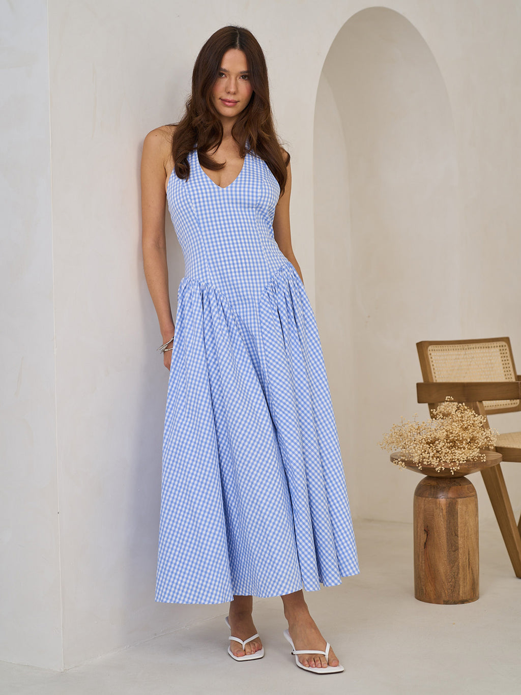 GINGHAM HALTERNECK MIDI DRESS