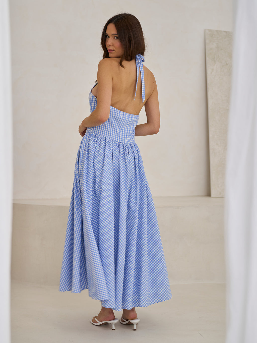 GINGHAM HALTERNECK MIDI DRESS